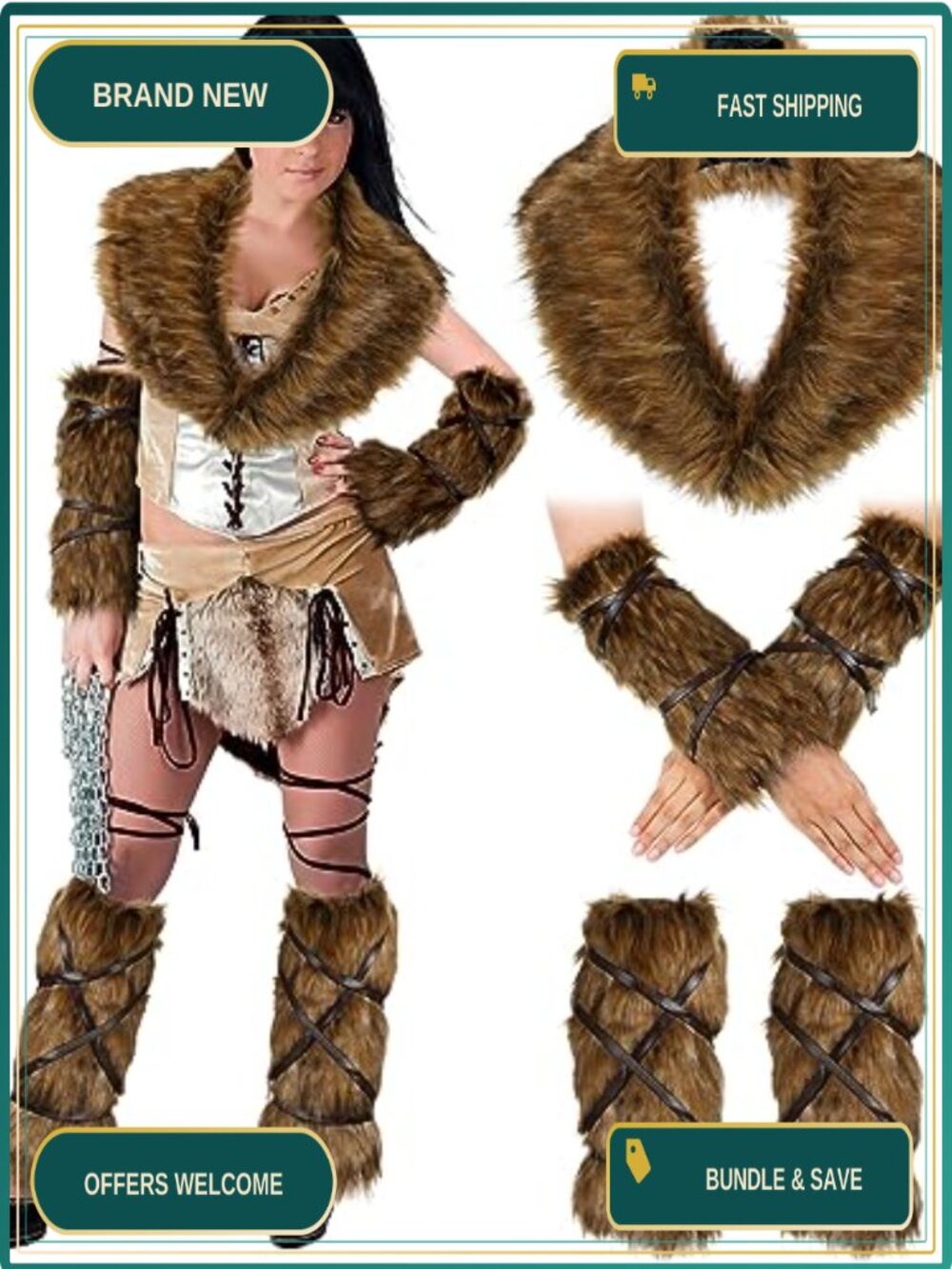 Viking Costume Set Faux Fur Collar Cuffs Leg Warmers Halloween Cosplay